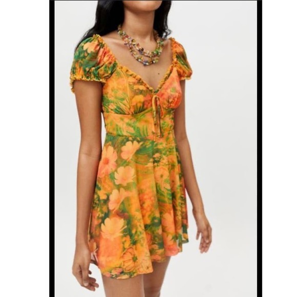 Urban Outfitters Women's Audrey Mesh Mini Dress‎ In Orange Floral Size Small - Picture 2 of 9